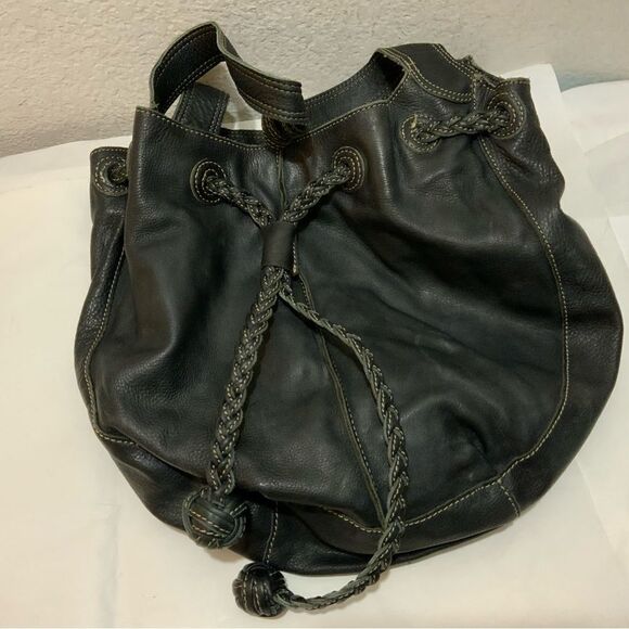 Fossil Black Leather Bucket Bag Braided Drawstring Shoulder Strap white stitches - Picture 12 of 16